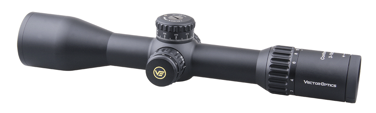 Vector Optics Continental 3-18x50 HD FFP Hunting Riflescope showcasing its sleek design and advanced features.